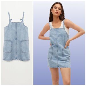 Mango Pocket Denim Pinafore Dress New